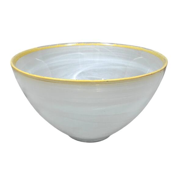 ArdaCam Art of Tabletop Turkish Glass Bowls 6" White Swirl Yellow Rim Lot of 2 - Picture 2 of 9
